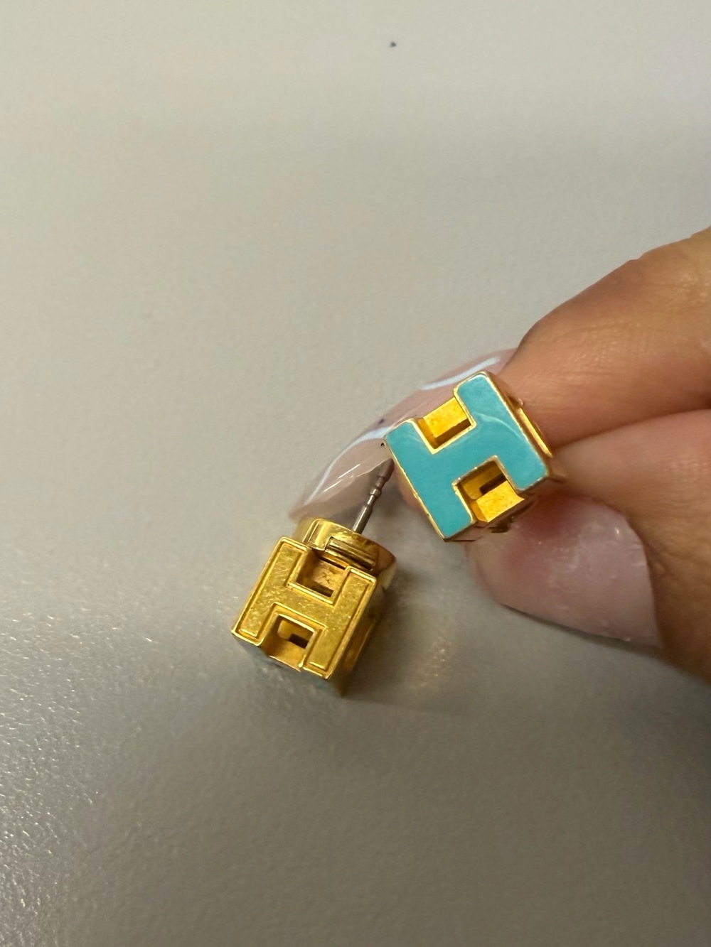 Gold HERMES Stud Earrings with Turquoise Enamel